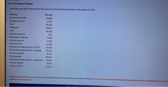 Current Attempt in Progress These items are taken from the financial statements of Concord Corporation at December 31, 2017 B