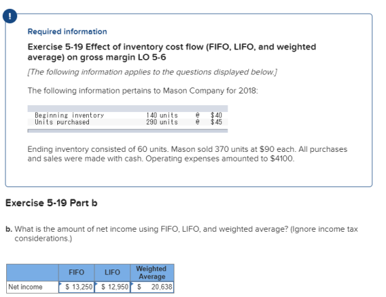 Required information Exercise 5-19 Effect of inventory cost flow (FIFO, LIFO, and weighted average) on gross margin LO 5-6 [T