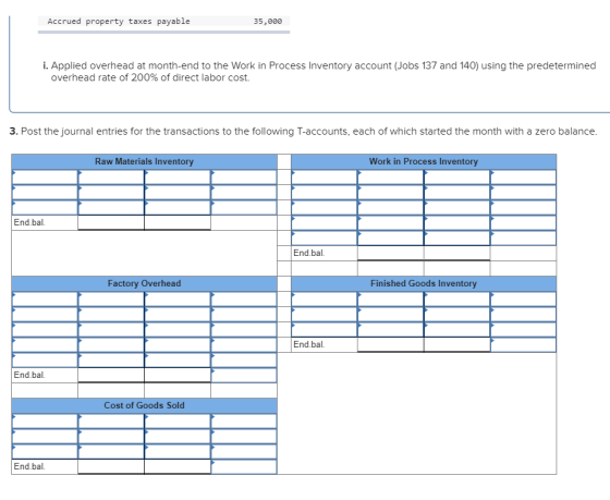 Accrued property taxes payable 35,000 i. Applied overhead at month-end to the Work in Process Inventory account (Jobs 137 and