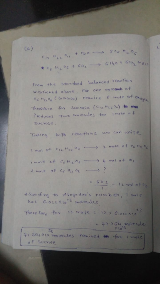 From the stonsbaid balanced Yeac tio n ntione d a bove , For one mole dt of On Socyose. Teking bo th seoe-ttons ue can uri t e hot 6. 022 to3 mel esule s Thore foye -foy IL mo le ะ 12x С.onXto y to o Suevole