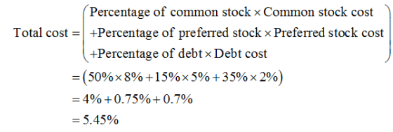 (Percentage of common stock ~ Common stock cost) Total cost = 1 +Percentage of preferred stock < Preferred stock cost +Percen