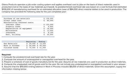 Gitano Products operates a job-order costing system and applies overhead cost to jobs on the basis of direct materials used i