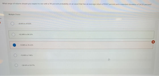 What range of returns should you expect to see with a 99 percent probability on an asset that has an average return of 1067 p