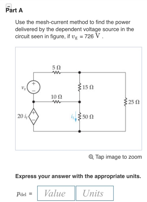 Part A Use the mesh-current method to find the power delivered by the dependent voltage source in the circuit seen in figure,