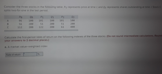 Consider the three stocks in the following table. Pt represents price at time t, and Qt represents shares outstanding at time