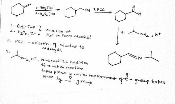 1- BH3. THE 2 H2O2 on OH 3.PCC ܢܳܐ } 4. 1BHz. THE ? addition of 2. H202,00 3. PCC oxidation of alcohol to aldehyde H2O to for
