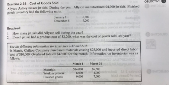 OBJECTIVE 3 Exercise 2-36 Cost of Goods Sold Allyson Ashley makes jet skis. During the year, Allyson manufactured 94,00 jet skis. Finished goods inventory had the following units: January 1 December 31 6,800 7,200 Required 1. How many jet skis did Allyson sell during the year? 2. If each jet ski had a product cost of $2.200, what was the cost of goods sold last year? Use the following information for Exercises 2-37 and 2-38: In March, Chilton Company purchased materials costing $25,000 and incurred direct labor cost of $10,000. Overhead totaled $42,000 for the month. Information on inventories was as follows March 1 March 31 Materials Work in process Finished goods S14,000 8,000 9,000 $6,500 4,000 7,000