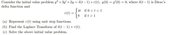 Consider the initial value problem y +3y +2y = (t-1)+r(t), y(0) = y(0) = 0, where 8(t-1) is Diracs delta function and S4 i
