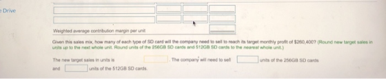 Drive Weighted average contribution margin per unit Given this sales mix, how many of each type of SD card will the company n