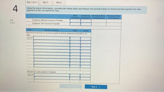 Reg 1 and 2 Reg 3 Using the above information, complete the below table and prepare the journal entries to record accrued pay