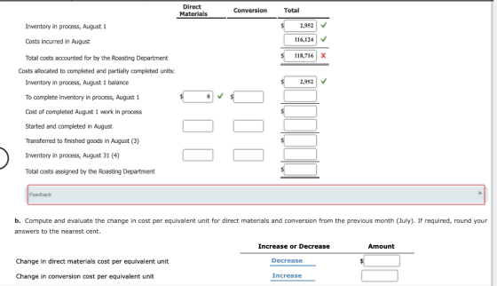 Direct Materials Conversion Total Inventory in process, August 1 2,952 116,124 Costs incurred in August → Total costs account