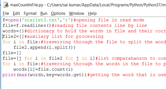 maxCountinFile.py - C:/Users/sai kumar/AppData/Local/Programs/Python/Python37/m File Edit Format Run Options Window Help f=op