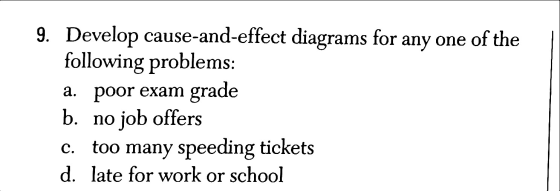 9. Develop cause-and-effect diagrams for any one of the following problems: a. poor exam grade b. no job offers c. too many s