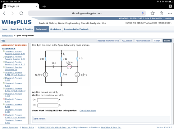 8:37 PM Tue Mar 24 SO 46%0 W WileyPLUS edugen.wileyplus.com WileyPLUS: MyWileyPLUS Help Contact Us | Log Out US Irwin & Nelms