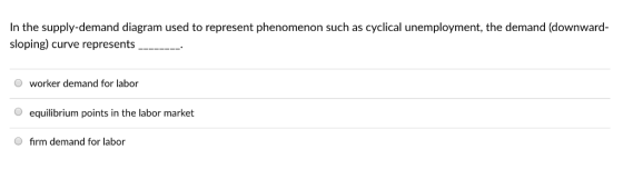 In the supply-demand diagram used to represent phenomenon such as cyclical unemployment, the demand (downward- sloping) curve represents_ O worker demand for labor O equilibrium points in the labor market O firm demand for labor