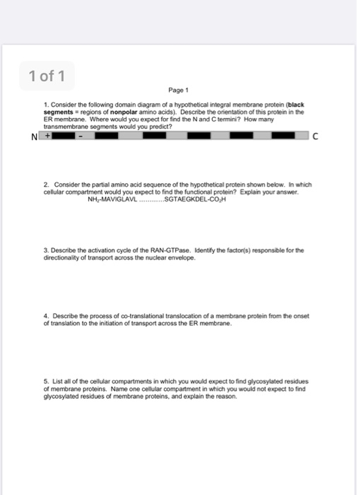 1 of 1 Page 1 1. Consider the following domain diagram of a hypothetical integral membrane protein (black segments regions of