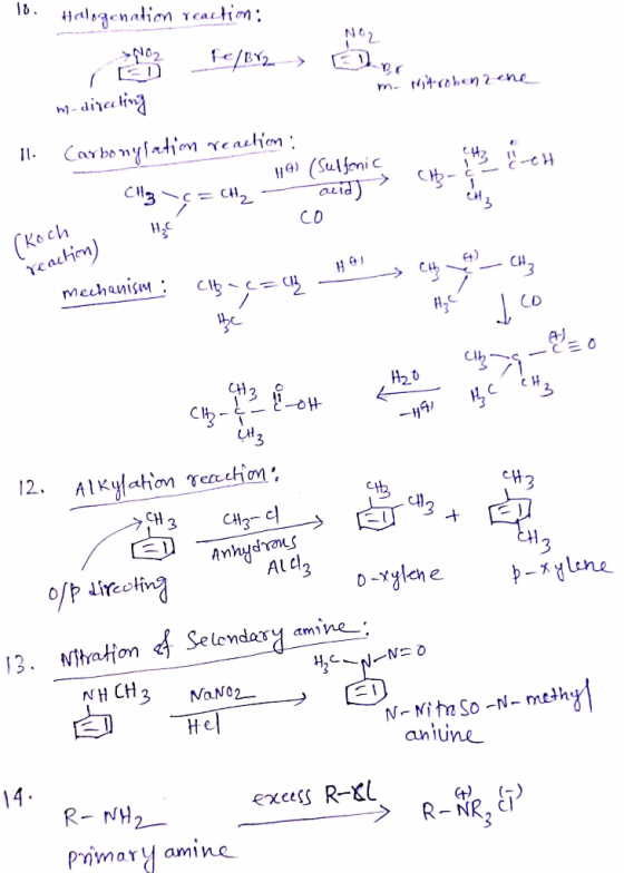 10. Halogenation reaction: N02 fe/BY-> Eur >102 m. Nitroben a che m-directing и 11. Carbonylatim reaction : - 4G) (Suffonic -