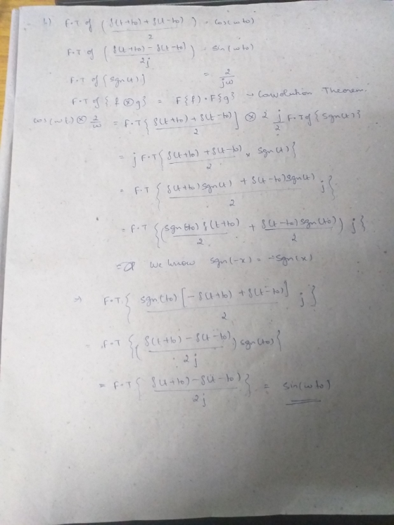 i setto) + 3u-to) Cosc w to) FT of 84 4to) - 867-tol) sin(who) Fot og {sgnus) jú FoT of {.f@g} = {f) •F{g} - Cowolution Theor