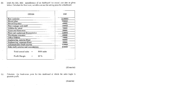 (b) Dash Pro Sdn. Bhd. manufacturer of car dashboard has anal cost data as given below, Calculate the fixed cost, variable ca