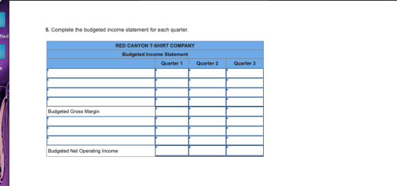 5. Complete the budgeted income statement for each quarter. fied RED CANYON T-SHIRT COMPANY Budgeted Income Statement Quarter