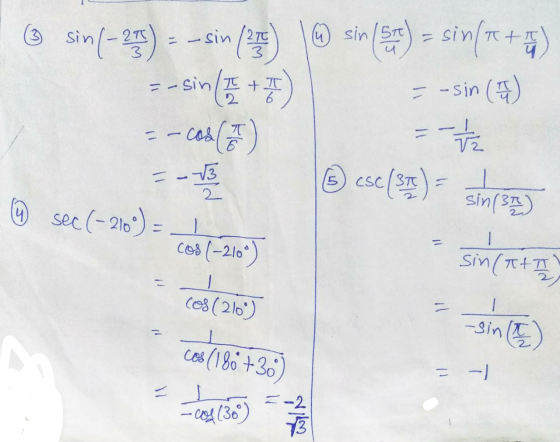 ③ sin (-25) = -sin (26) 19 sin (St) = sin(x + -- sin(+3) = -sin (W) --CS(T) © csc (3A) - c(-210°) = Tz F-V3 2 sin (31) 4 sec