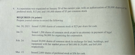 4. A corporation was organized on January 30 of the current year, with an authorization of 20,000 shares of preferred stock.