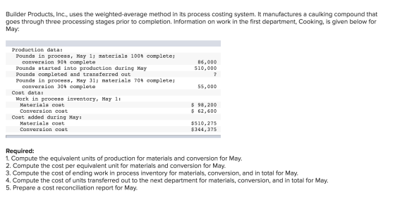 Builder Products, Inc., uses the weighted-average method in its process costing system. It manufactures a caulking compound t