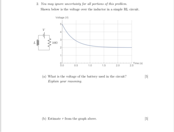 2. You may ignore uncertainty for all portions of this problem Shown below is the voltage over the inductor in a simple RL ci