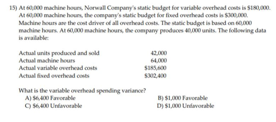 15) At 60,000 machine hours, Norwall Companys static budget for variable overhead costs is $180,000. At 60,000 machine hours