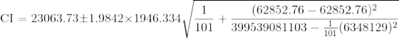 CI = 23063.73+1.9842 x 1946.334, (62852.76 – 62852.76)2 399539081103 - 6 (6348129)2