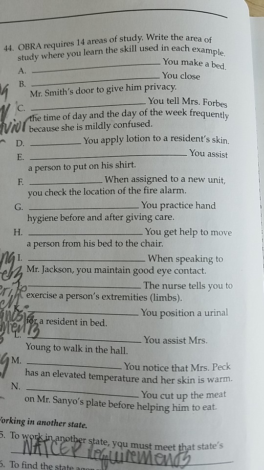 44. OBRA requires 14 areas of study. Write the area of study where you learn the skill used in each example. You make a bed A