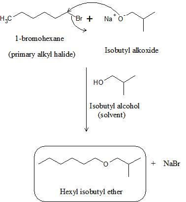 Н.С Na O Br + 1-bromohexane Isobutyl alkoxide (primary alkyl halide) но Isobutyl alcohol (solvent) NaBr Hexyl isobutyl ether
