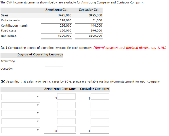 The CVP income statements shown below are available for Armstrong Company and Contador Company. Contador Co. Armstrong Co. Sa