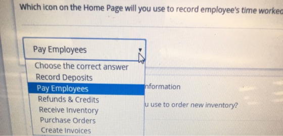Which icon on the Home Page will you use to record employees time worked Pay Employees Information Choose the correct answer