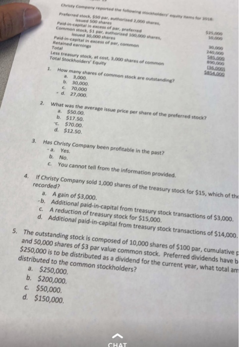 Christy Company reported the folowing stockolderyqty ems for 0 Preferred stock, $s0 par, authorised 2,00 shares issued s00 shares 525,000 Common stock, 51 par, authorised 300,000 shares issued 30,000 shares Paid-in capital in excess of par, common Retained earnings 0.000 240,000 82.000 Less treasury stock, at cost, 3,000 shares of common 36000) Total Stockholders Equity 1. How many shares of common stock are outstanding? a 3,000 b. 30,000. C. 70,000 d. 27,000 2. What was the average issue price per share of the preferred stock? a. $50.00. b. $17.50 て, $70.00. d. $12.50 3. Has Christy Company been profitable in the past? - a. Yes b. No. C. You cannot tell from the information provided. If Christy Company sold 1,000 shares of the treasury stock for $15, which of the recorded? 4. a. A gain of $3,000 b. Additional paid-in-capital from treasury stock transactions of $3,000 c. A reduction of treasury stock for $15,000. d. Additional paid-in-capital from treasury stock transactions of $14,000 5. The outstanding stock is composed of 10,000 shares of $100 par, cumulative p and 50,000 shares of $3 par value common stock. Preferred dividends have b 250,000 is to be distributed as a dividend for the current year, what total am distributed to the common stockholders? a. $250,000 b. $200,000 c. $50,000 d. $150,000 CHAT