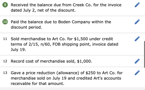9 Received the balance due from Creek Co. for the invoice dated July 2, net of the discount. 10 Paid the balance due to Boden