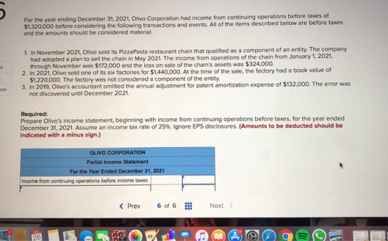 For the year ending December 31, 2021, Olivo Corporation had income from continuing operations before taxes of $1,320,000 bef