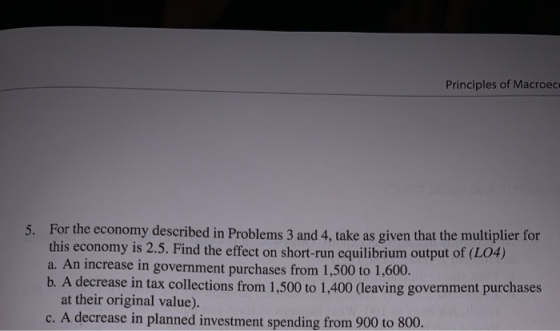 Principles of Macroec. 5. For the economy described in Problems 3 and 4, take as given that the multiplier for this economy i