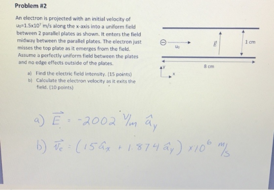 Problem #2 An electron is projected with an initial velocity of uo=1.5x107 m/s along the x-axis into a uniform field between 2 parallel plates as shown. It enters the field midway between the parallel plates. The electron just misses the top plate as it emerges from the field. Assume a perfectly uniform field between the plates and no edge effects outside of the plates. 1 cm ? uo 8 cm a) Find the electric field intensity. (15 points) b) Calculate the electron velocity as it exits the field. (10 points)