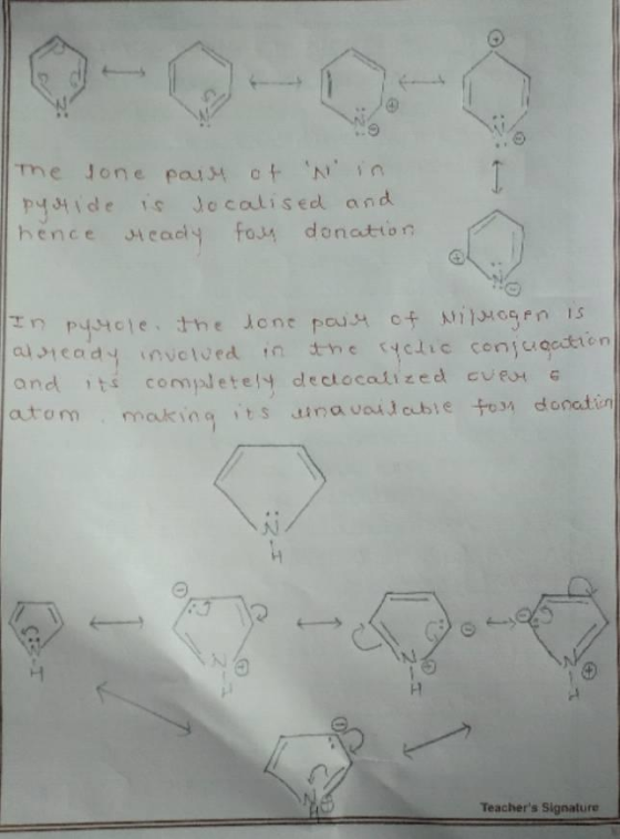 The sone pair of w in py eqide is localised and hence ready for donation In pyrole. the tone pain of Mirrogen is already invo