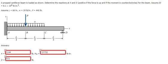 A propped cantilever beam is loaded as shown. Determine the reactions at A and D (positive if the force is up and if the moment is counterclockwise) for the beam. Assume EI = 8.1 x 106 lb-inf. Assume L 66 in., w 29 lb/in., P-440 lb Answers: lb, MA--37752 Ib-in A 1144 572 D= lb.