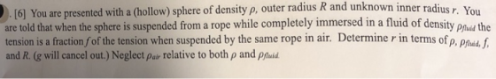 radius r. You (6] You are presented with a (hollow) sphere of density p, outer radius R and unknown inner are told that when the sphere is suspended from a rope while completely immersed in a fluid of density phua the tenson is a faction fo the tension when suspended by the same rope in air. Determine r in terms of p, f and R. Og will cancel out.) Neglect par relative to both ρ and ρ/uid.