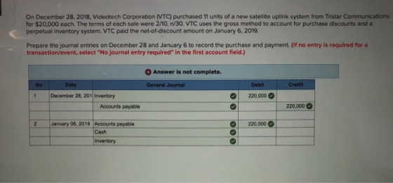 On December 28, 2018, Videotech Corporation (VTC) purchased 11 units of a new satellite uplink system from Tristar Communicat