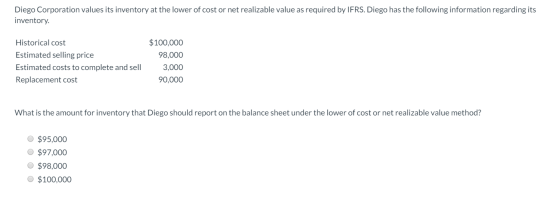 Diego Corporation values its inventory at the lower of cost or net realizable value as required by IFRS. Diego has the follow