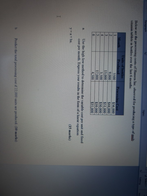 Paragraph Select- Styles Editing Voir Below are the processing costs of Hansen Inc. observed for producing a type of mult vit