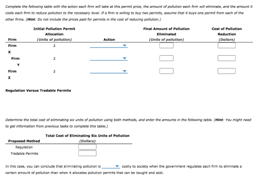 Complete the following table with the action each firm will take at this permit price, the amount of pollution each firm will