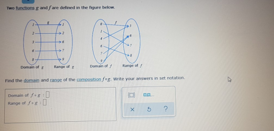 Two functions g and fare defined in the figure below. 0 a6 4 7 >7 6 7 9 Domain of f Range of f Range of g Domain of g Find th