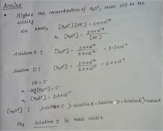 Answer Higher the concentration of H₂0+ more will be the acidity. we know [Hot] [OH-] = 1.0x1014 [Hao+7= 1.081019 [OH- & solu