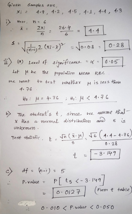 Given Samples are, X; - 4.9 4.2, 4.5, 4.1, 4.4, 4.3 ; ) Here, n = 6 2x 26.4 6 4.4 0.28 Vih-i 2 (x; -4)2 = Voros (1) level of