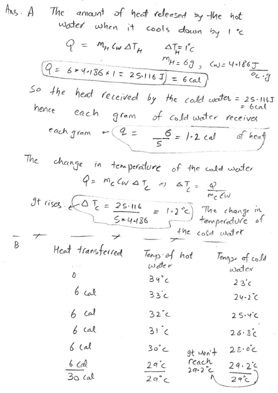 hs,. A The ann of het released by -he het wstet when t coo down So the hed received by the ćoldast a=26cal ence each ramfCold wter receives ngen ten perdure of the cold wote, △ 25-116 temperature ㆁf the cold (Nefer B He feedTnp of hot Tpof col (ansfelre weter 23 24-2℃ 2 5Yc 2 6.8C 33 C 6 Cal 30。 reach 24.2℃
